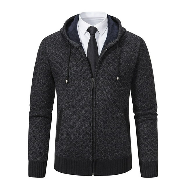 Wzzjkit Fall Clothes Men's Colid Color Long-sleeved Hooded Zipper Pocket Knitted Sweater Jacket