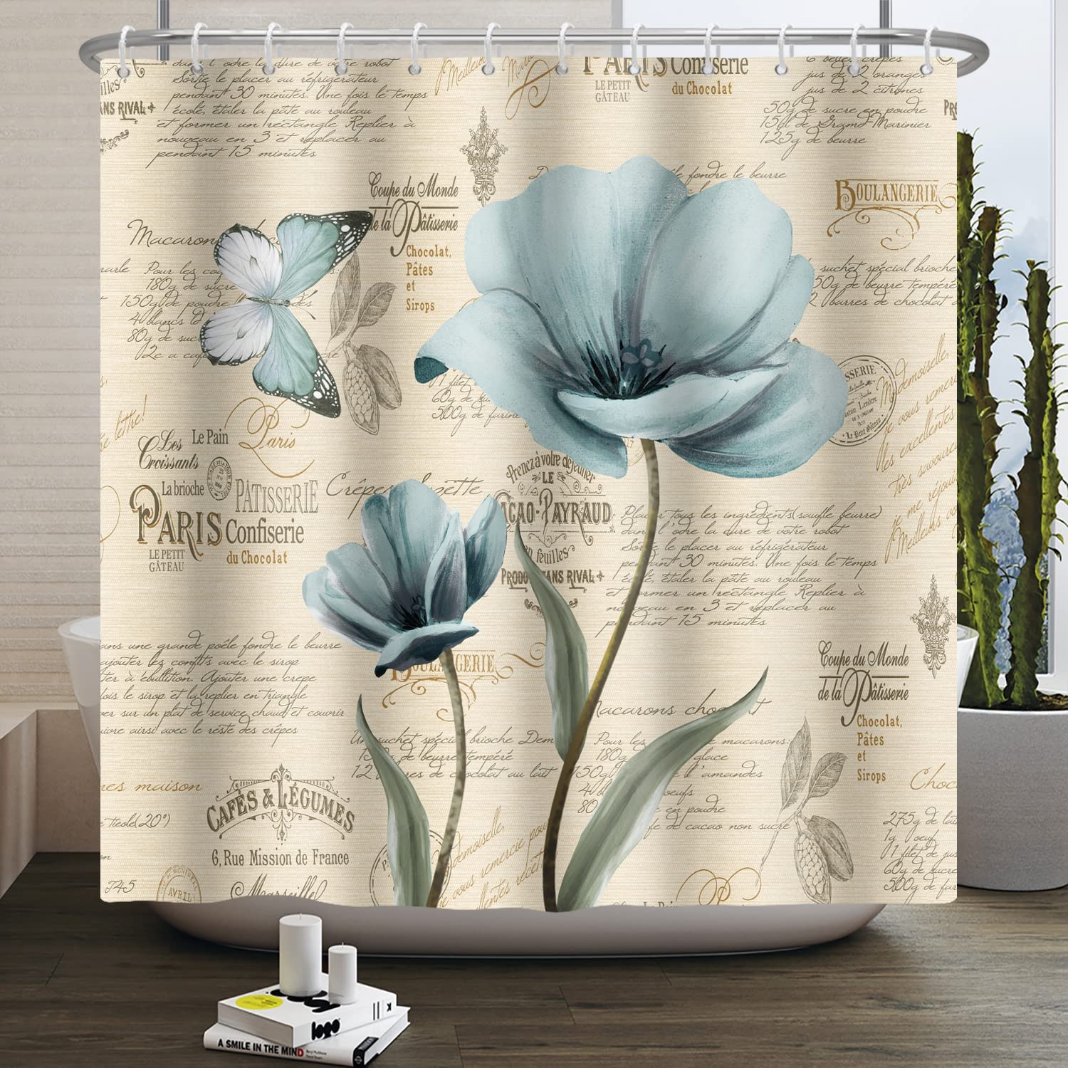 Xray Tulip Flower Shower Curtain Farmhouse Style Rustic Teal Floral