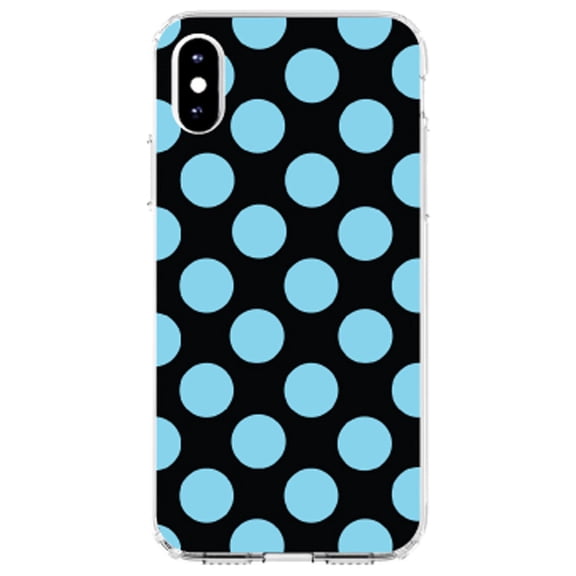 DistinctInk Clear Shockproof Hybrid Case for iPhone XS Max (6.5" Screen) - TPU Bumper, Acrylic Back, Tempered Glass Screen Protector - Black Blue Polka Dots