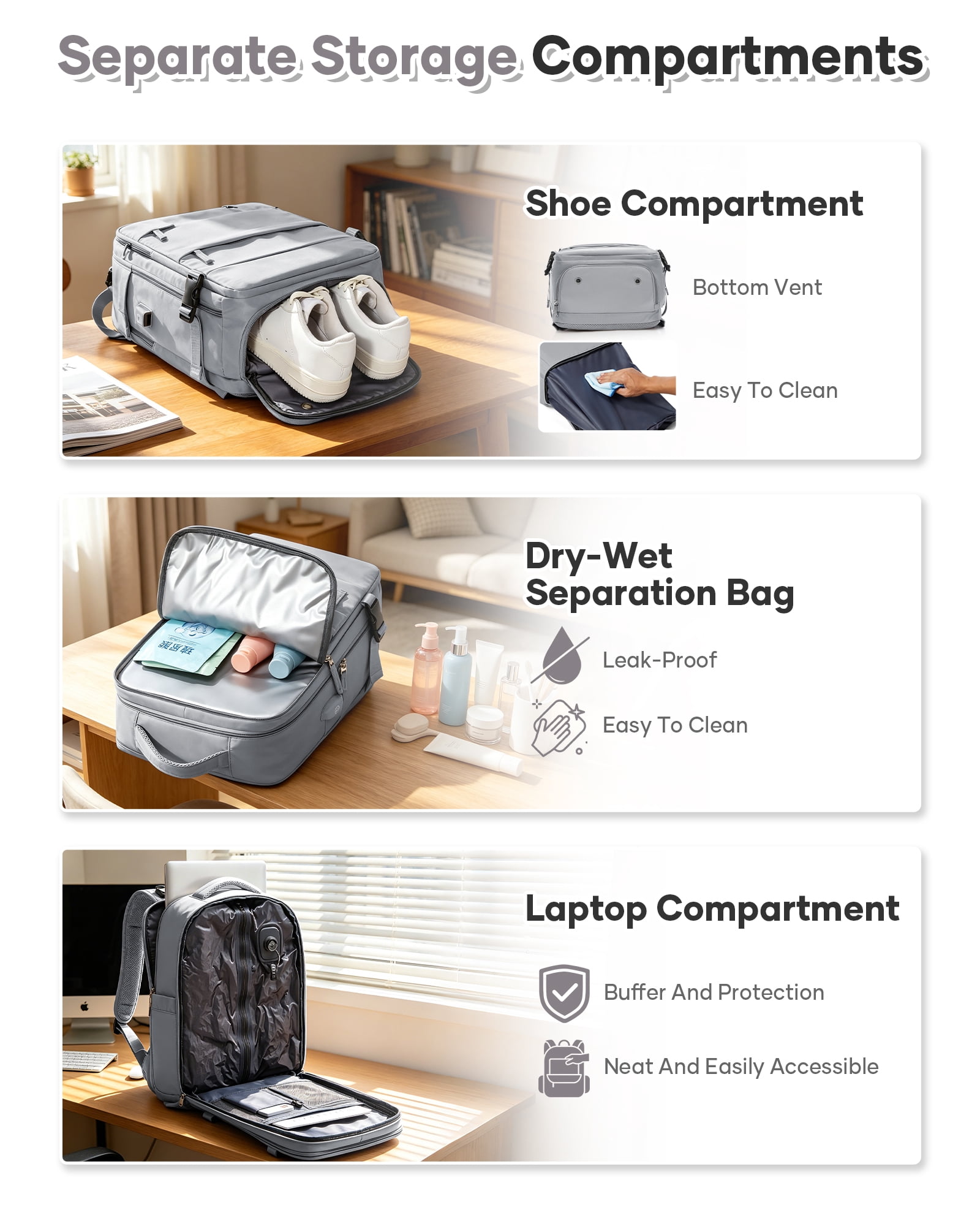 SYCNB Vacuum Travel Backpack for men women, Large Capacity Airline Approved Carry-On Backpack Features USB Charging Port, Waterproof Rucksack Fits 16 Inch Laptop, for Traveling Business, Gray
