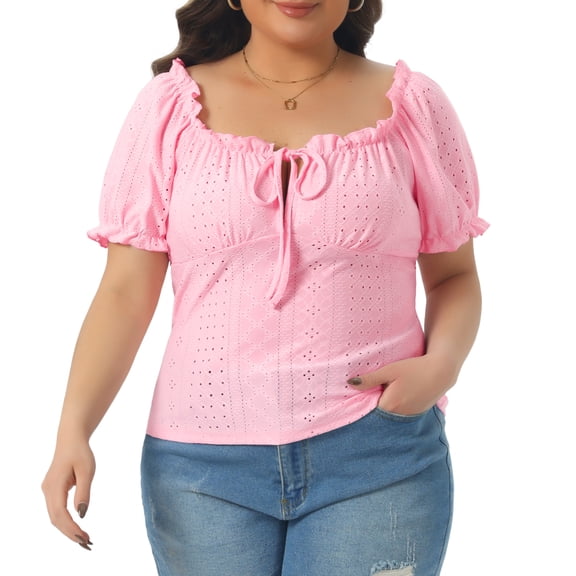 DARING DIVA Women's Plus Square Neck Bow Tie Front Cute Crop Blouse 1X Pink