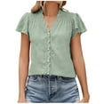 thumbnail image 2 of Wycnly Womens Blouses and Tops Dressy Casual Lace Trim Ruffle Sleeve Lightweight Button Down Tshirts Summer Solid V-Neck Short Sleeve Cute Tees Tops Green l, 2 of 5
