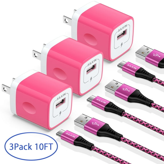 Type C Charger Fast Charging 10 Feet,3PACK Usb Wall Charger Block Adapter Plug Usb A to Usb C Charging Cable High Speed Phone Charger Type C Cord for Samsung Charger 10 ft Android Charger Block,Rose