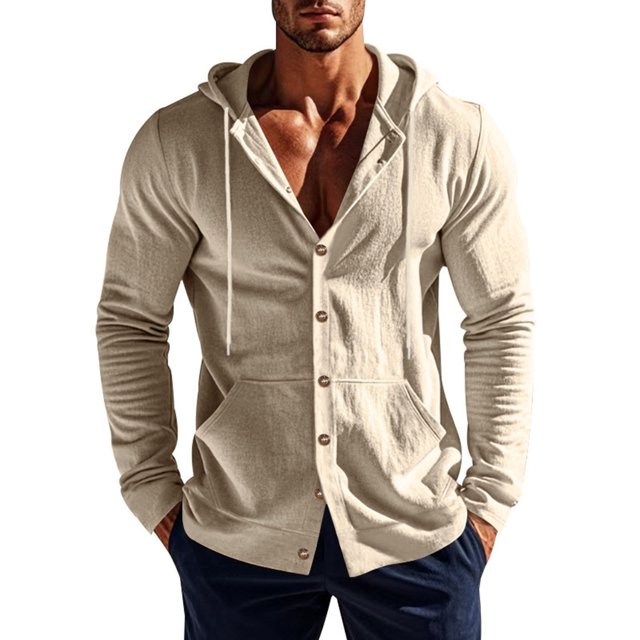 asjyhkr Hoodies for Men Linen Long Sleeve Button down Drawstring Hooded Shirts Breathable Beach Hiking Tops with Pocket