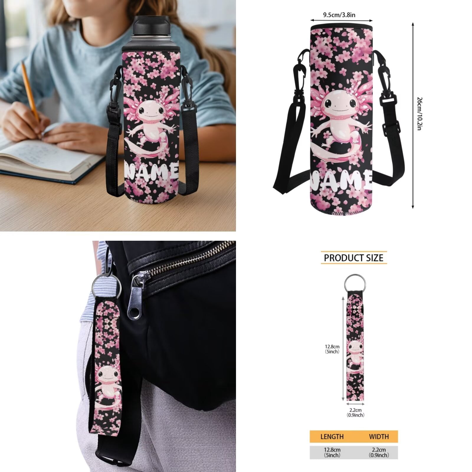 Pzuqiu Axolotl Cherry Blossom Kids Backpack School Bag Set with Lunch Box Pencil Case Water Bottle Bag 5 Piece Bookbags with Adjustable Shoulder Strap for Girls Teens