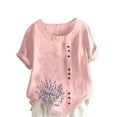 thumbnail image 2 of QUNYINEY Short Sleeve T-Shirts for Women Casual Crew Neck Floral Tops Pullover Loose Summer Button Cotton Linen Women's Tops, 2 of 5