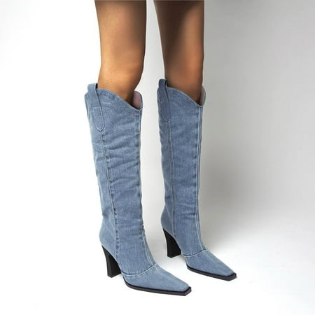 

Womens Boots Toe Denim Pointed Heel Top Thin High Fashion Boots Boots High Thick Women s Boots Blue 8.5 Boots for Women