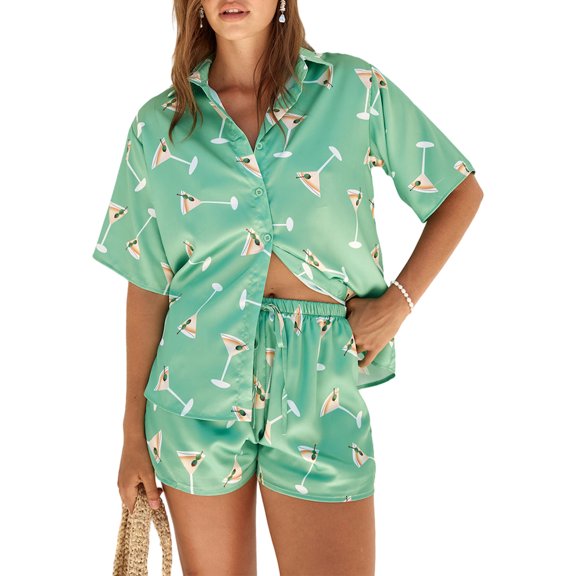 Michellecmm Wome Satin Lounge Set Short Sleeve Lapel Tops Wine Cup Print Shorts