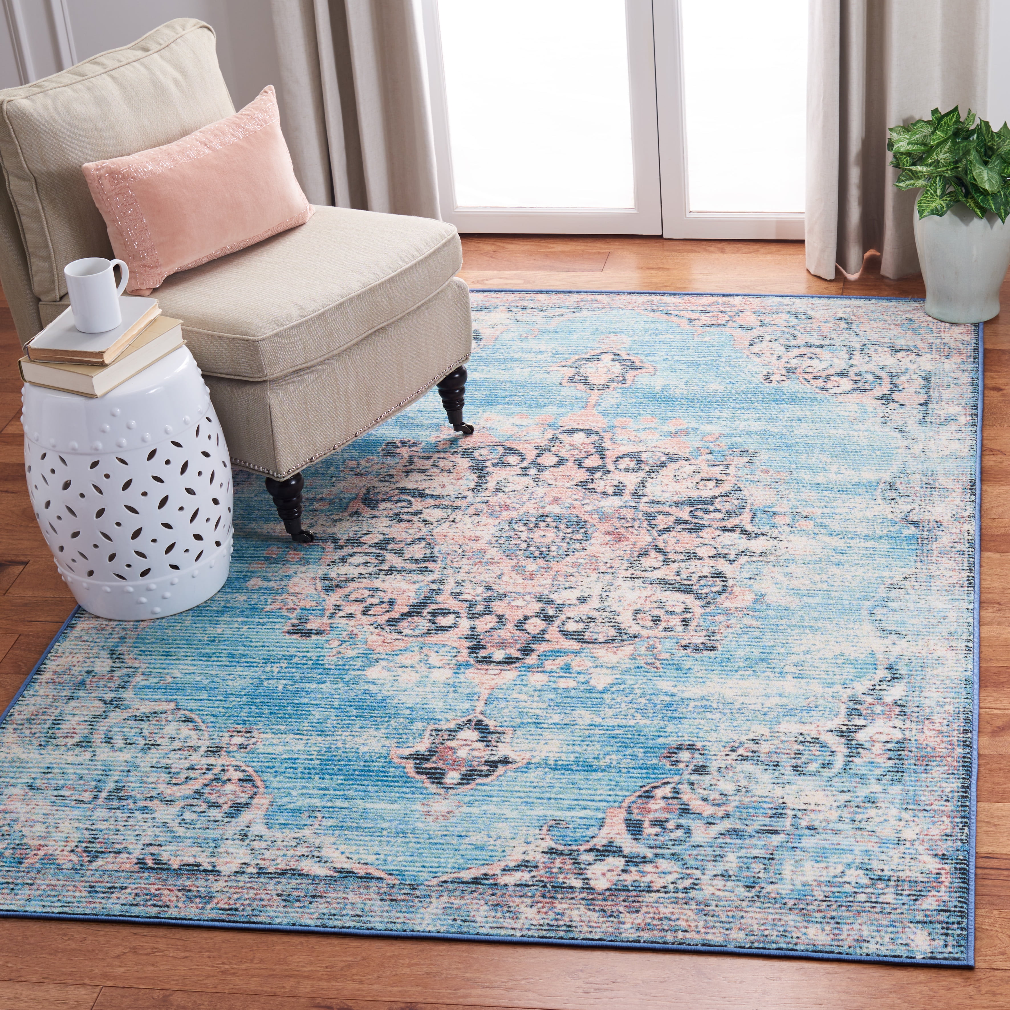 SAFAVIEH Journey Coriander Floral Distressed Area Rug, Turquoise/Pink, 4'4" x 6'