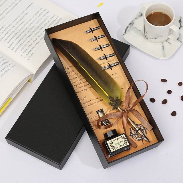 Estuche para bolígrafos de pluma corta, juego de papelería con punta de tinta, caja de regalo con pluma de inmersión retro