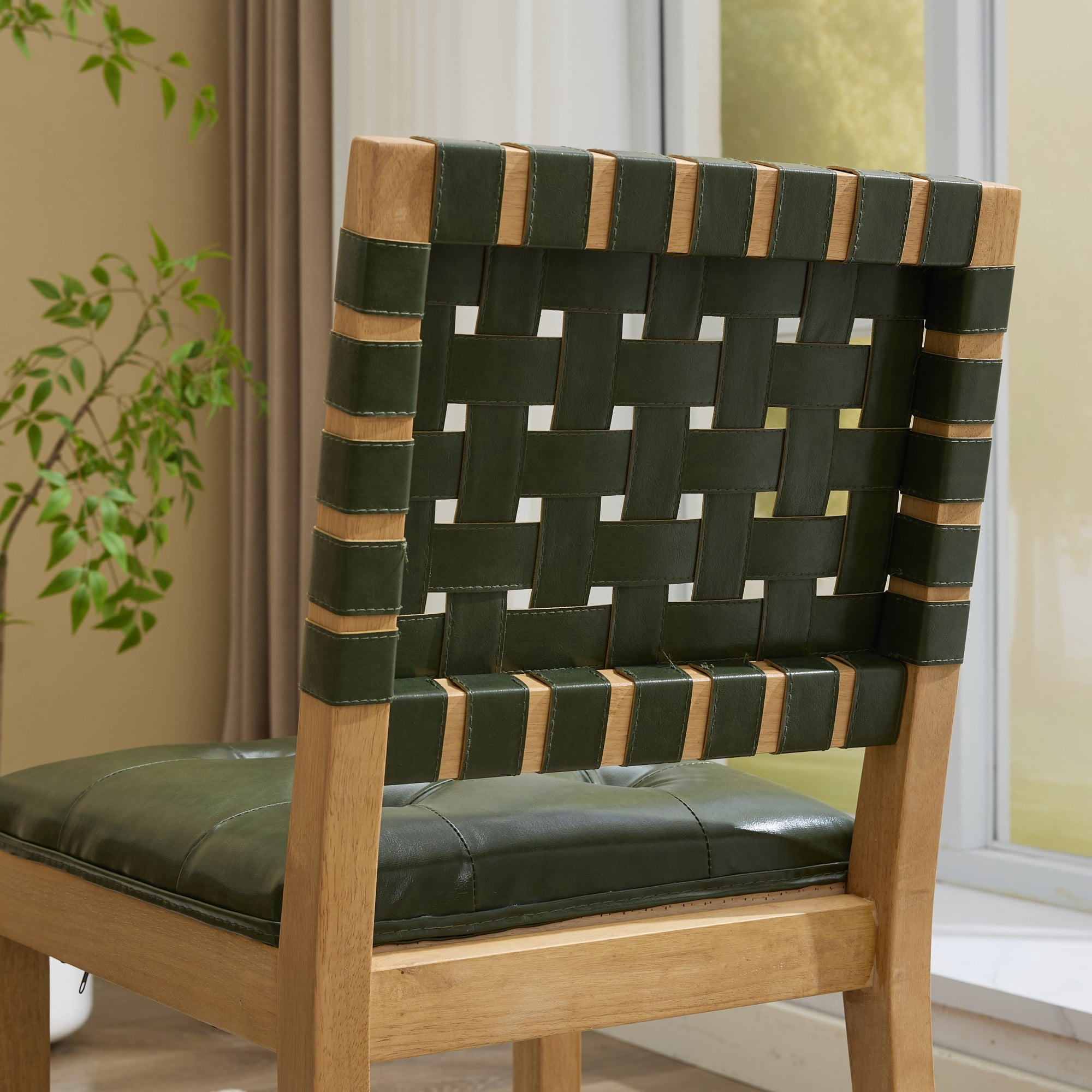 GARITIN Dining Chairs Set of 2, Woven PU Leather Side Chairs with Button Tufted Seat and Solid Wood Frame for Dining Room, Hunter Green
