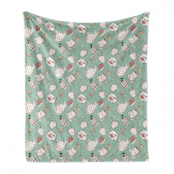 Tea Party Soft Flannel Fleece Blanket, Polka Dots on Teapots and Cups Cupcake with Cherry on Top Teabag English, Cozy Plush for Indoor and Outdoor Use, 50" x 60", Almond Green Coral, by Ambesonne