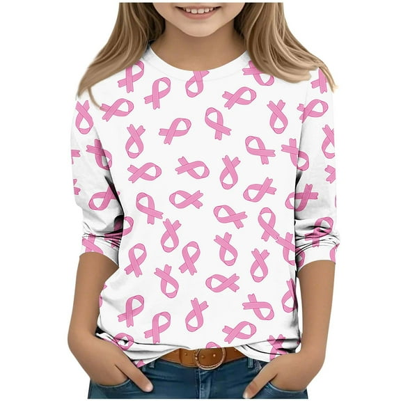 BRGZLK Kids 3/4 Sleeve Breast Cancer Shirts cute Pink Ribbon Print Pattern Round Neck Basics Pullover Top for Girls Pink 3-4 Years