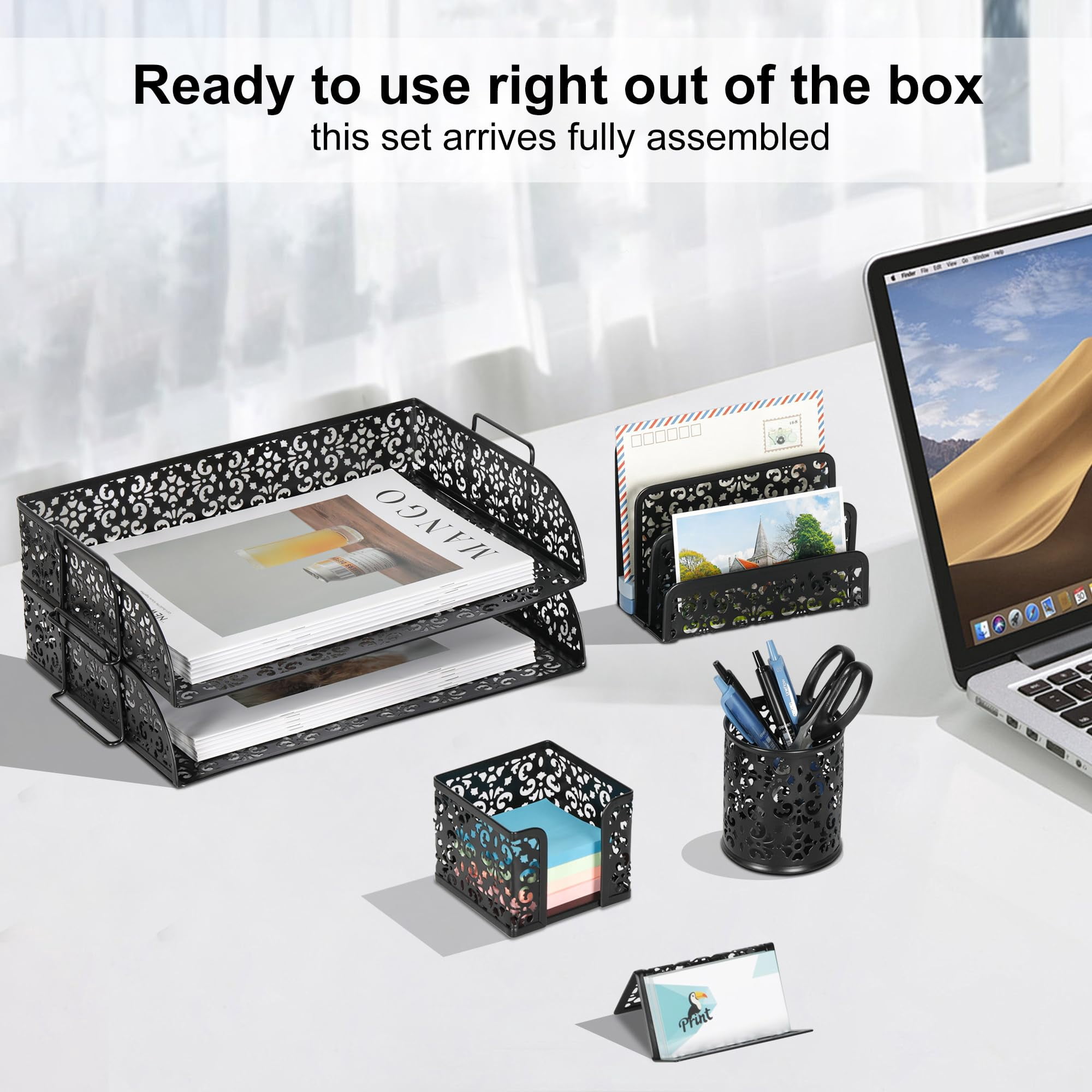Desk Organizers And Accessories 5 Pieces Office Supplies Set - 2 Tier Paper Tray  Pencil Organizer For Mail Sorter Countertop Business Card Holder Sticky Note Black