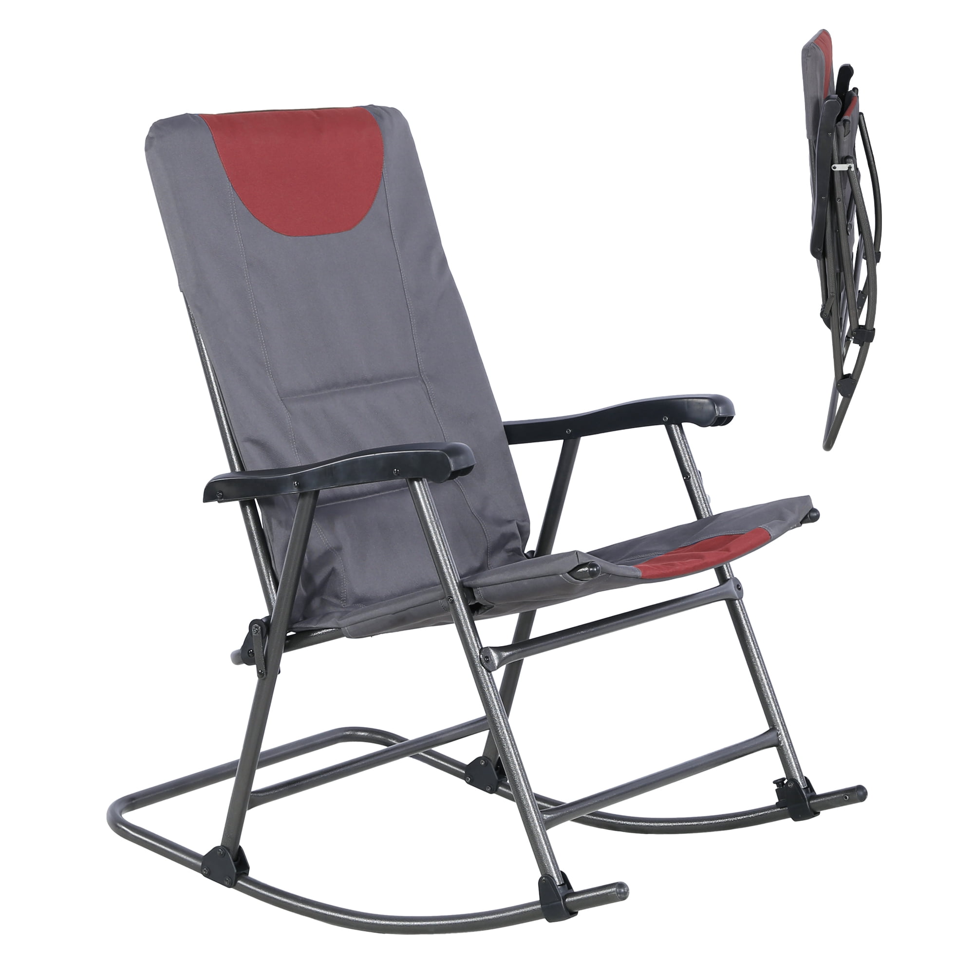 Oversized Folding Rocking Camping Chair, High Back Airmesh Rocker with Hard Armrests, Storage Pockets & Carry Bag for Camping Patio Lawn Outdoor Use