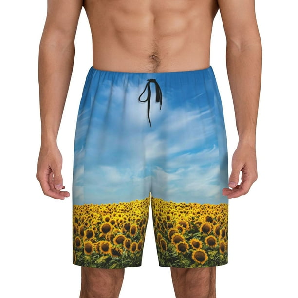 Balery Blooming Sunflower Field Pantalones cortos de pijama de punto de algodón para hombre con cinturilla y bolsillos-3X-Large