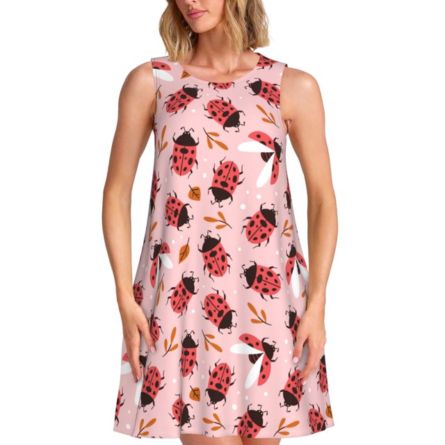 Fotbe Cute Ladybugs 1 Vestido de Verano sin Mangas para Mujer – Vestido Midi Línea A, Estilo Camiseta Floral, Vestido Playero Casual y Fluido