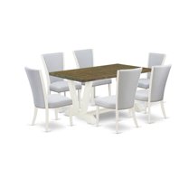 East West Furniture 7-Piece Dining Table Set Includes 6 Modern Chairs with Upholstered Seat and Stylish Back-Rectangular Wooden Dining Table - Distressed Jacobean and Wirebrushed Linen White Finish