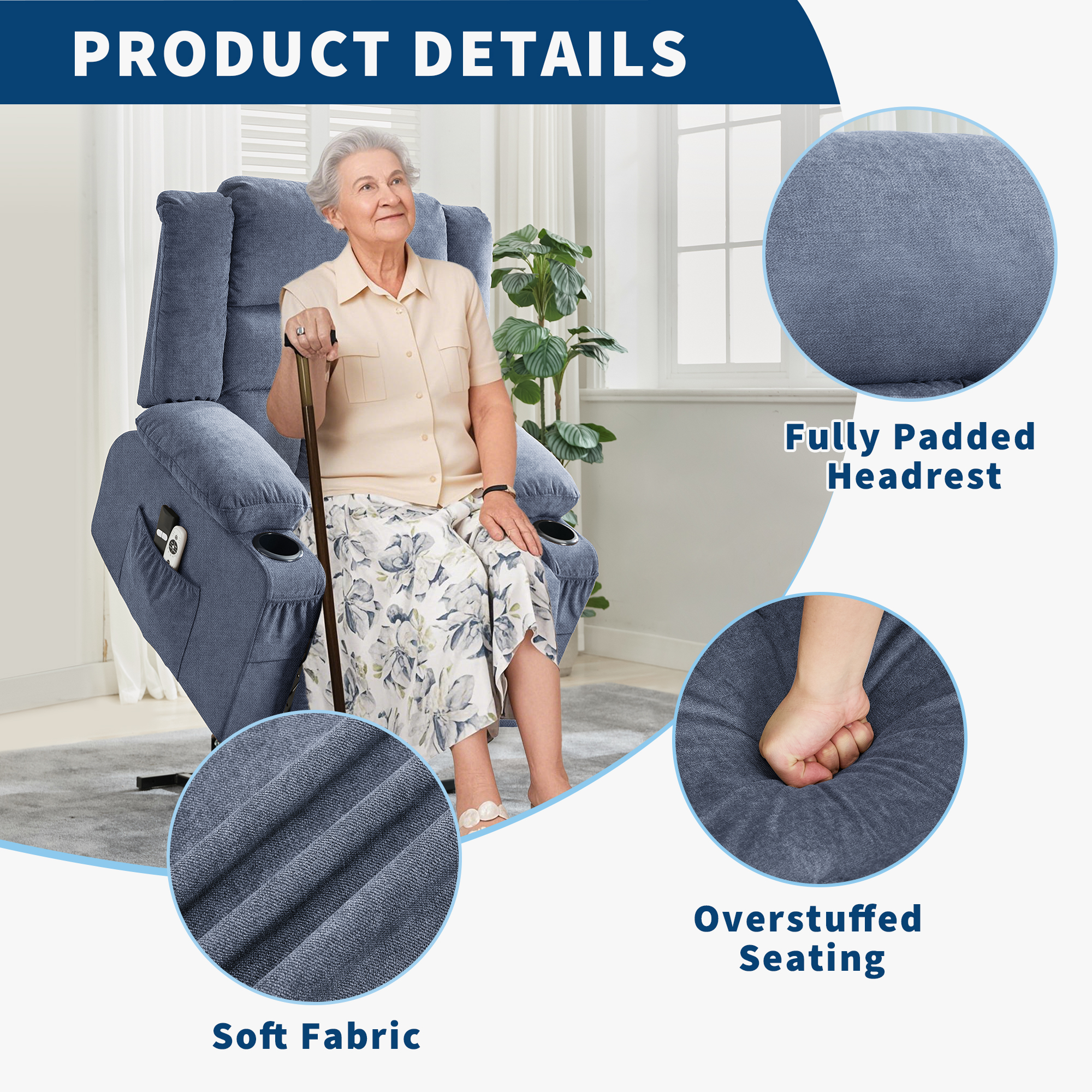 Power Lift Recliner Chair for Elderly – Oversized Wide Sofa with Heat, Vibration, Massage, 3 Positions, Remote Control, USB Charging, Cup Holders, Side Pockets, Ergonomic Living Room Chair, Blue