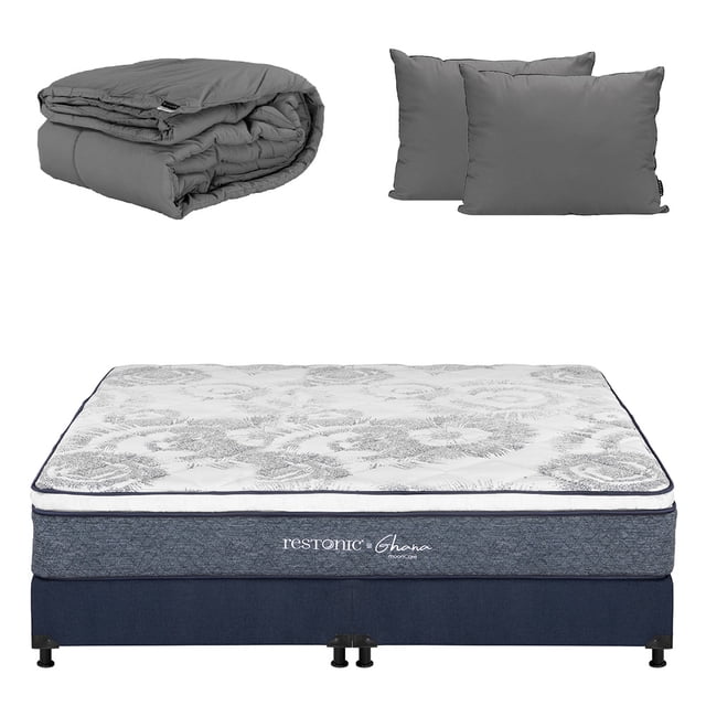 Colchón King Size Restonic Ghana con Box Almohadas 2Pack Edredón