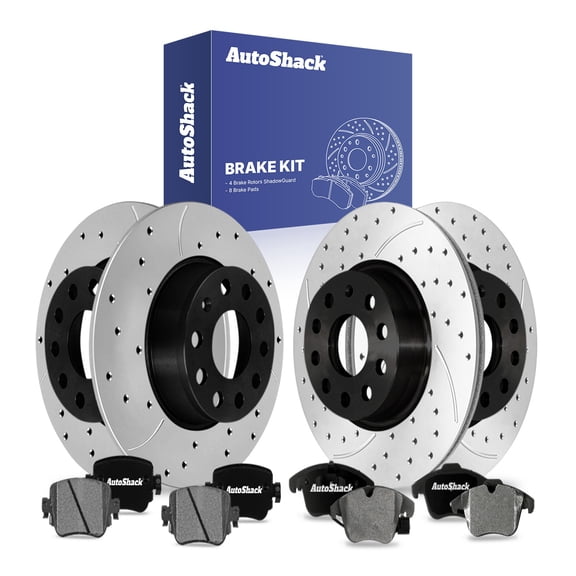 AutoShack Front Vented & Rear Solid Drilled & Slotted E-Coated Brake Rotors   Ceramic Pads 12-PC Brake Kit Replacement for 2015-2020 Volkswagen Passat ShadowGuard