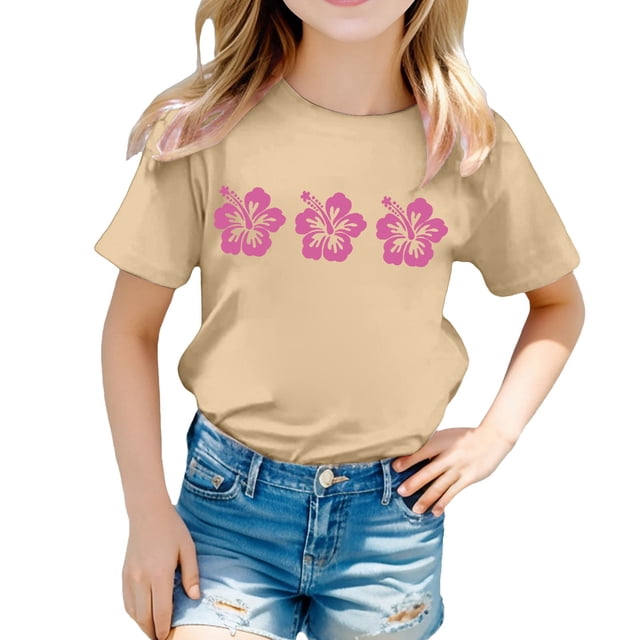 MEZZALL T-Shirt pour Filles, Imprimé Floral, Col Rond, Manches Courtes, T-Shirt Décontracté, Confortable, 3-4 Ans