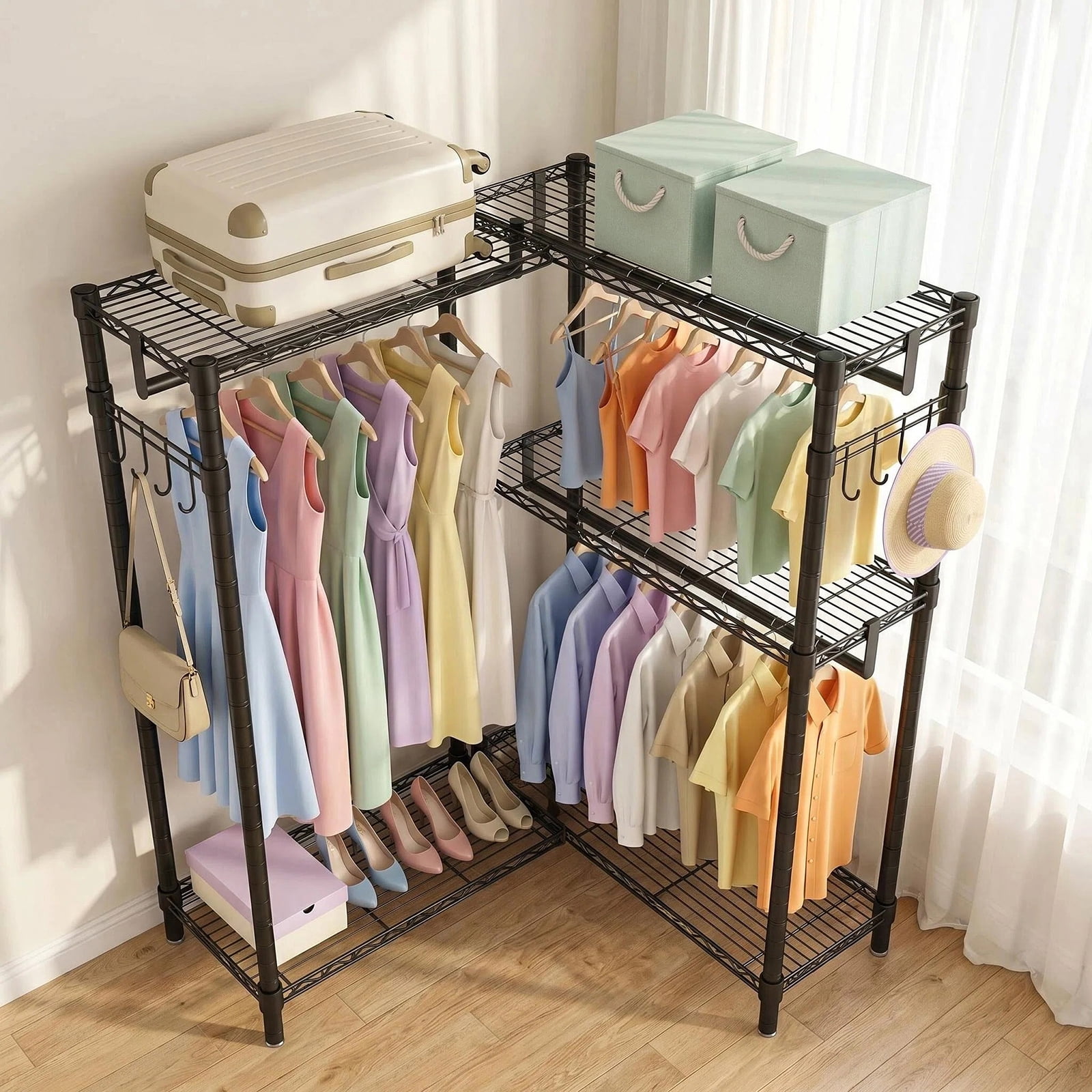 L-Shaped Corner Garment Rack, Heavy Duty Carbon Steel Clothing Rack with 3 Hanging Rods, 5 Shelves & Side Hooks, Adjustable Freestanding Clothes Organizer