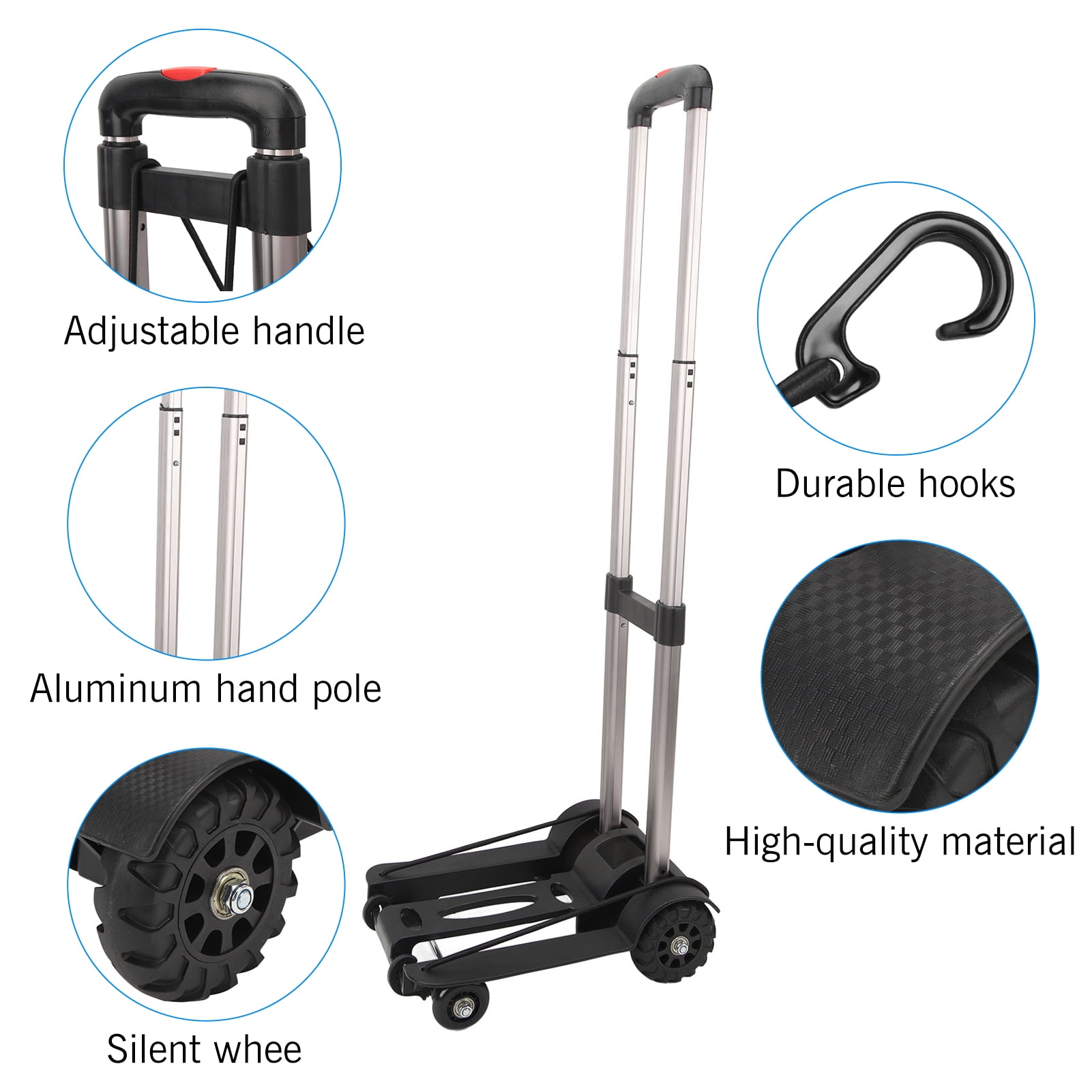 Folding Hand Truck, Lightweight Luggage Cart Foldable, Iron Tube Luggage  with 4 Rotate Wheels, Pull Rod,  for Moving Travel Shopping Airport Office