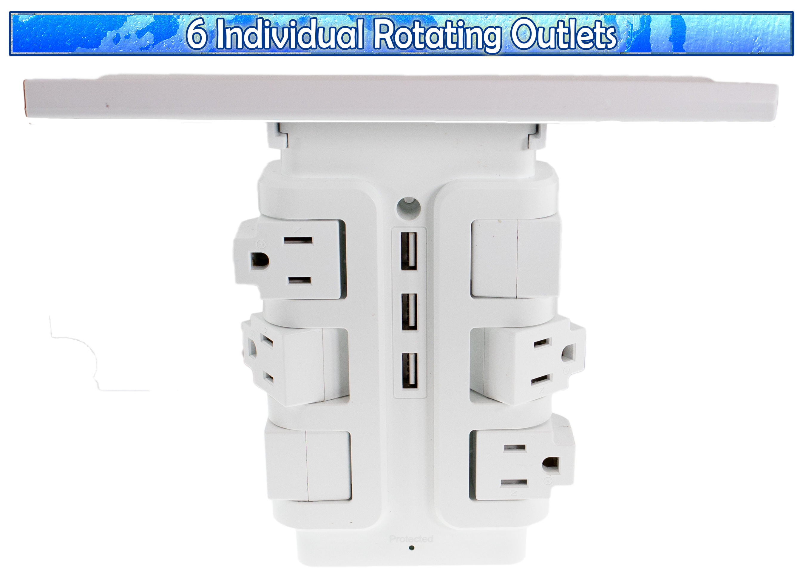 Wall Power Rotating Outlet Shelf - 6 Rotating Outlets + 3 Fast Charging USB - Rotating Electrical Socket Power Stand Holder - Space Saving + Surge Protector