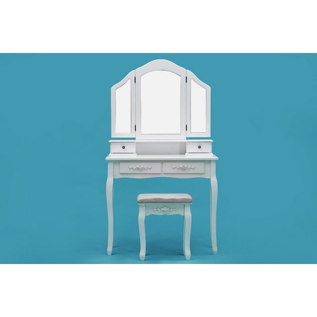 ViscoLogic Ensemble de Coiffeuse en Bois Réglable avec Miroir et Tabouret Finition Blanche