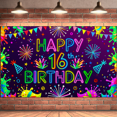 thumbnail image 6 of Neon Style 16th Birthday Backdrop Banner Colorful Party Decorations with Fireworks Stars and Party Hats Photography Props for Birthday Party Celebrations Photo Booth Backgrounds, 6 of 7