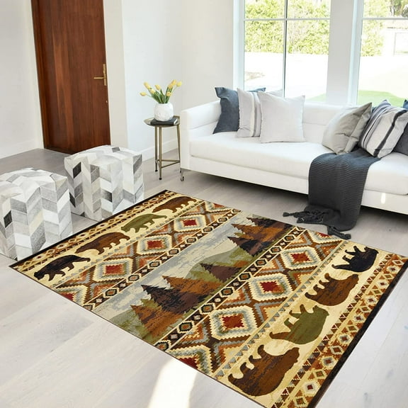 Lodge, Cabin Nature and Animals Area Rug Vintage Design Cabin Area Rug Abstract, Multicolor Bear dcor Rugs 38 x 5