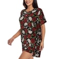 thumbnail image 5 of Lafuoo Red Rose Skull Pattern Women's Round Neck Short Sleeve Pajamas Set, Button Pajamas Elastic Band Pajamas Home Wear-Small, 5 of 9