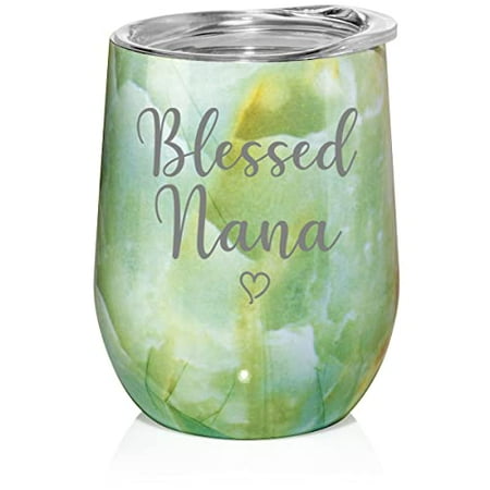 

12 oz Double Wall Vacuum Insulated Stainless Steel Stemless Wine Tumbler Glass Coffee Travel Mug With Lid Blessed Nana (Turquoise Green Marble)