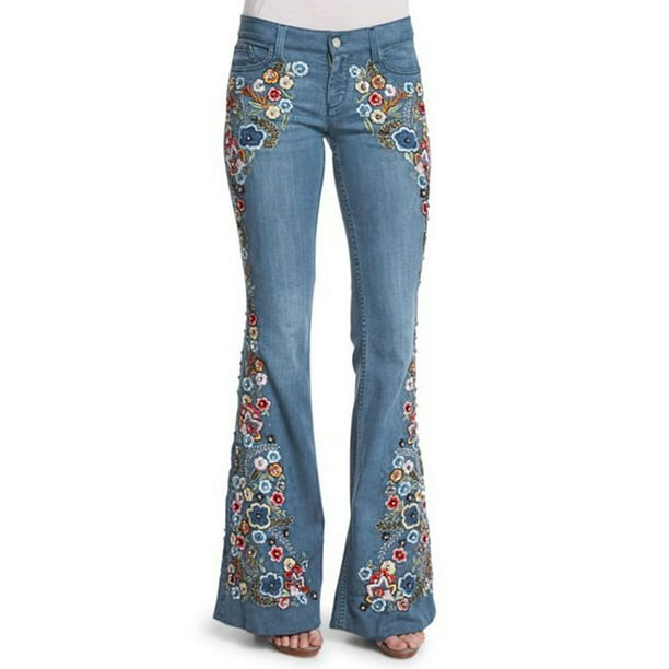 WILLBEST Jeans Mujer Pantalones Vaqueros Acampanados Con Bordado de Mezclilla para Mujer, Pantalones Con Botones En La Cintura, 2025, Cómodos y Elásticos. Extra Chica