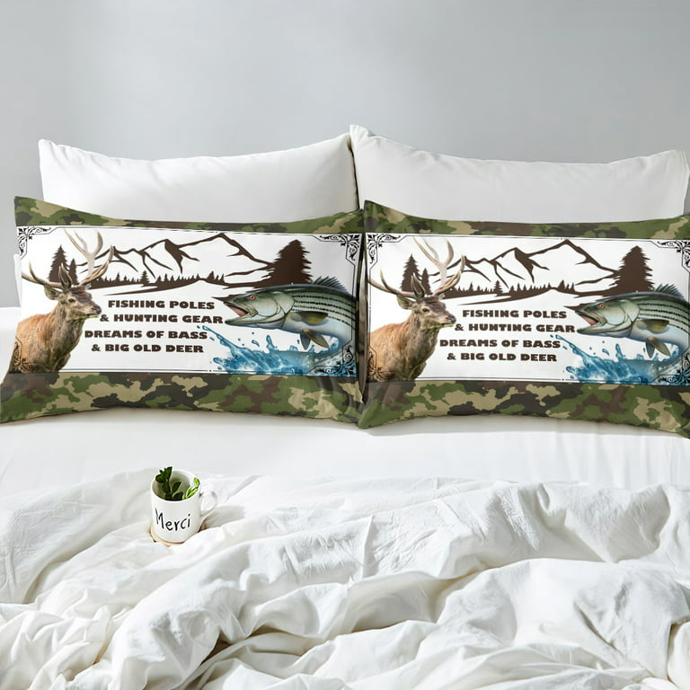 Camouflage Bedding Set Hunting Themed Elk Deer Comforter Cover for Boys  Adult,Fishing Fish Duvet Cover Mountain Woodland Twin Bed Set,Army Green  Camo