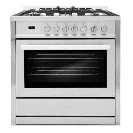 Cosmo 36 in. Nebula Collection 3.8 cu. ft. Gas Range, 5 Burners, Rapid Convection Oven, Cast Iron Grates in Stainless Steel