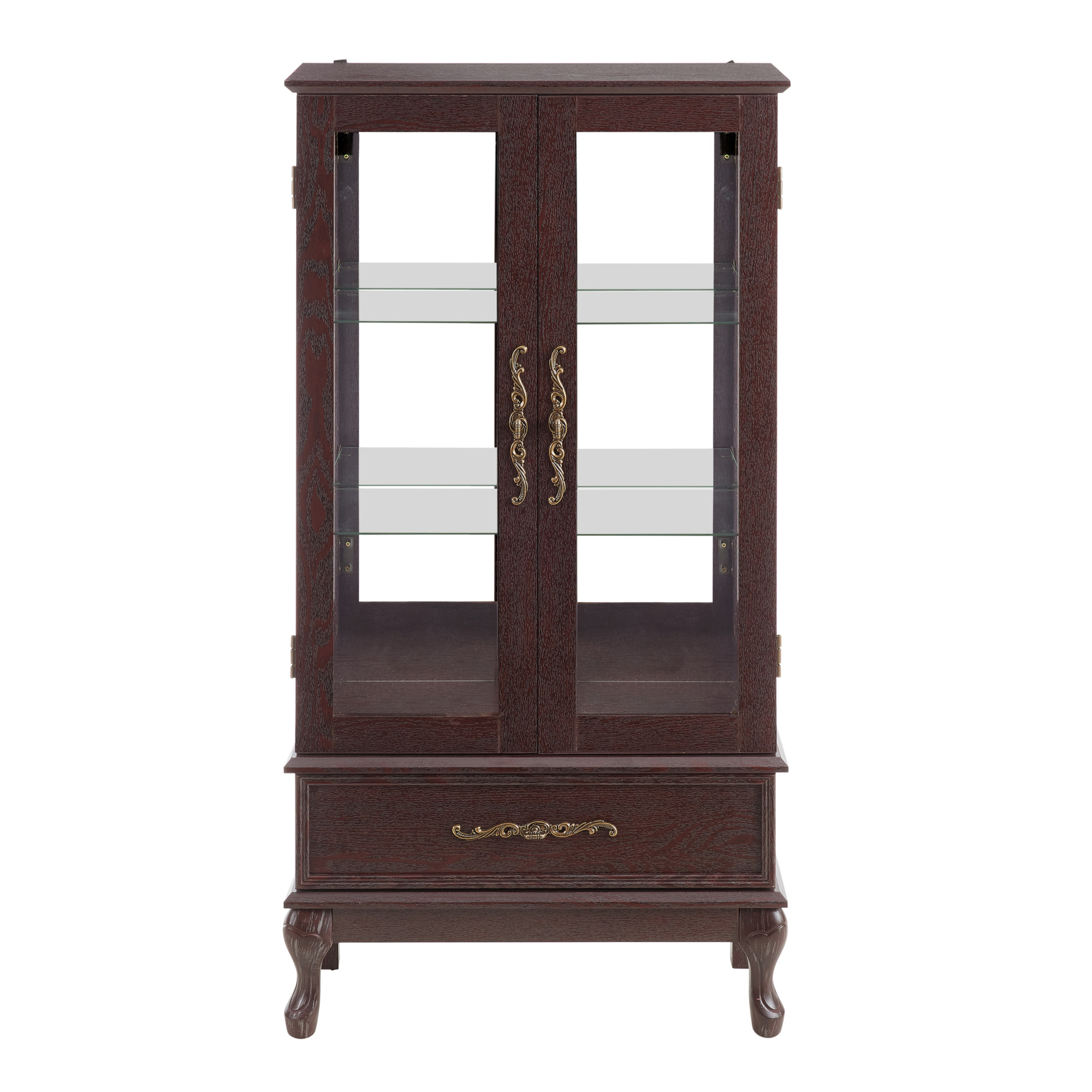 Noble House Timothy Lighted Glass Curio Cabinet with Drawer, Adjustable Shelves Display Case Sideboard, Dark Cherry