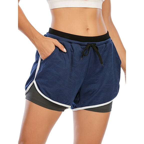 FUTATA Women's Workout Training Gym Running Shorts, Elastic Waist Double Layer Yoga Gym Running Shorts With Pockets