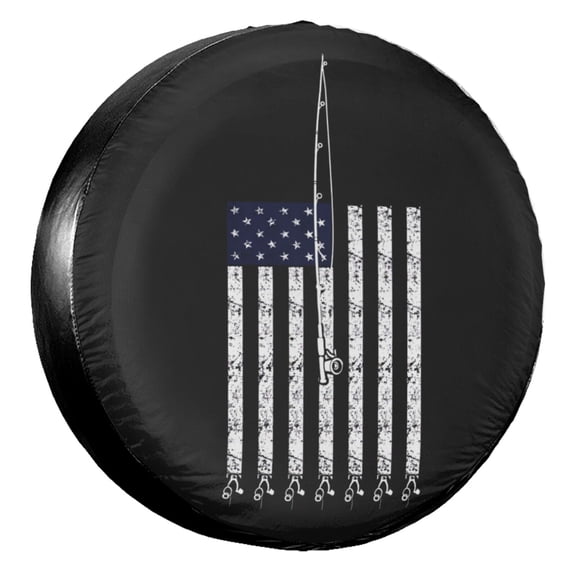 KAKALAD American Flag Blue Fishing Rod Lines Spare Tire Cover Universal Vehicle Accessories Buckle Car Tools 14”in