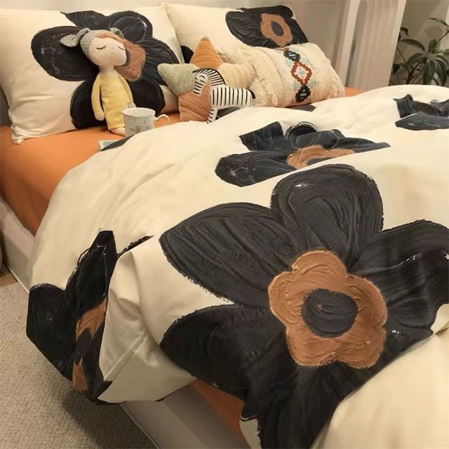 Korean Ins Black Flower Bedding Set Girl Orange Princess Style Sheet Cover Trellis Polyester Soft Bedclothes For Gitls Gift