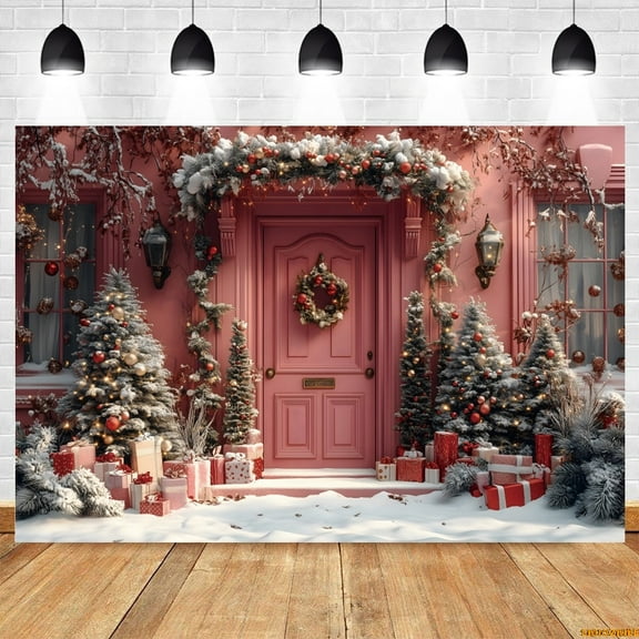 Pink Christmas Photography Backdrop European Style Wall Door Xmas Tree Gifts Kids Portrait Photocall Background r