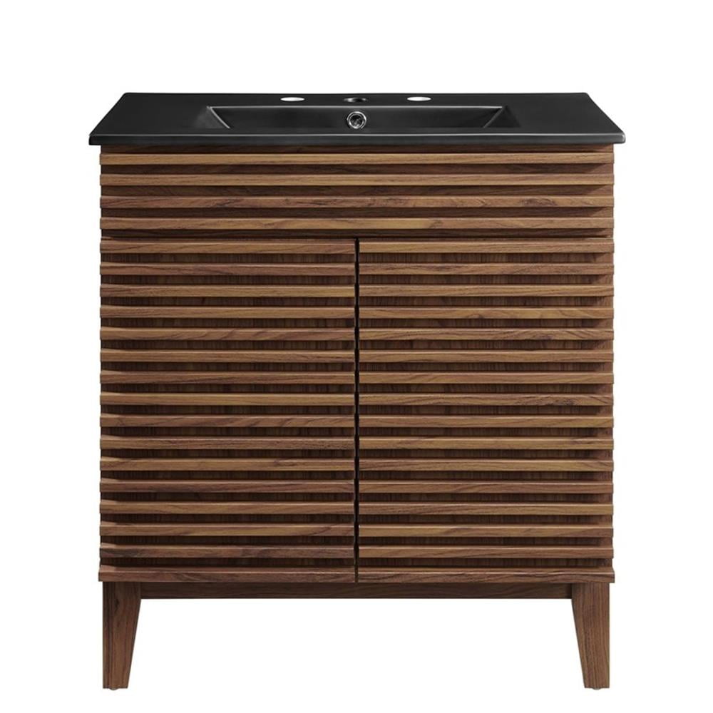 Pemberley Row Wood and Ceramic Walnut and Black Bathroom Vanity Rectangular Adjustable Shelf 30" Unassembled