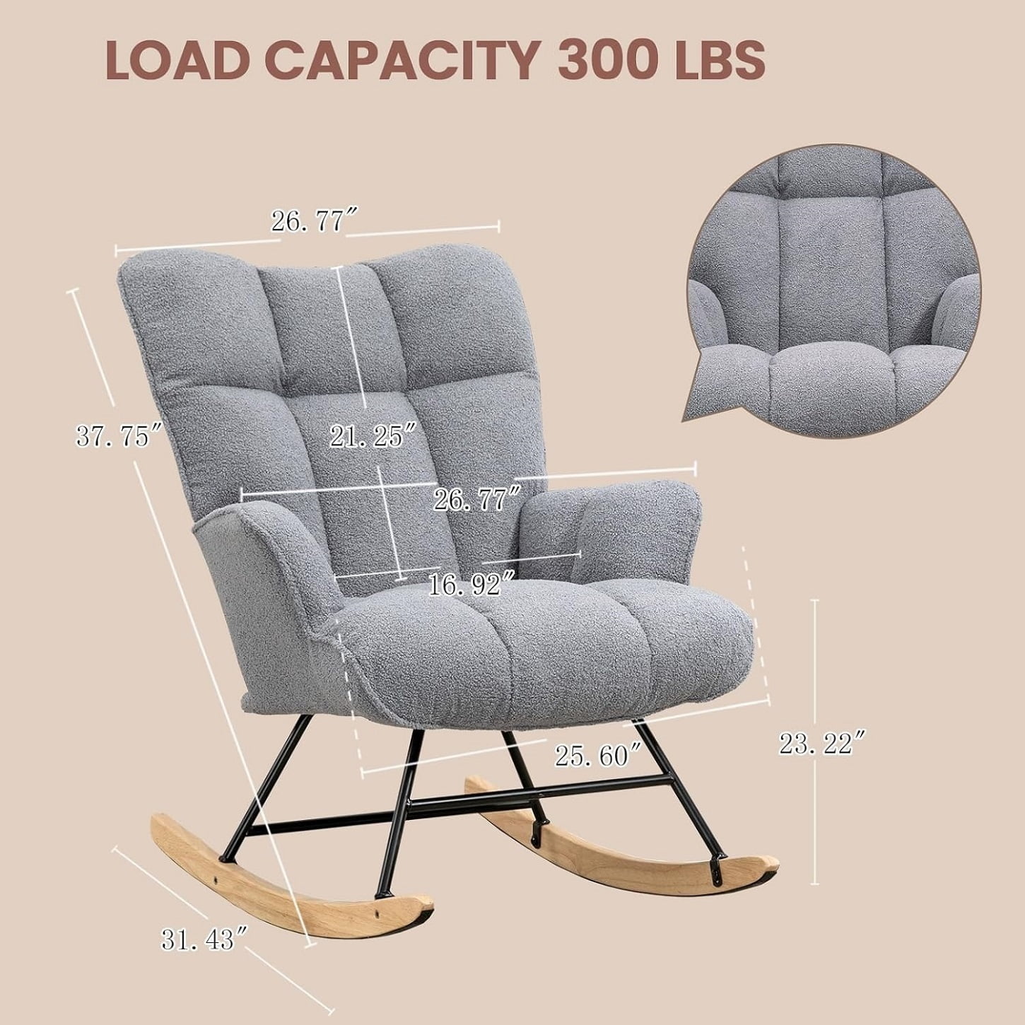 Nursery Rocking Chair Teddy, Upholstered Glider Rocker with High Backrest, Comfortable Stylish Accent Armchair with Padded Seat for Living Rooms, Bedrooms, Offices
