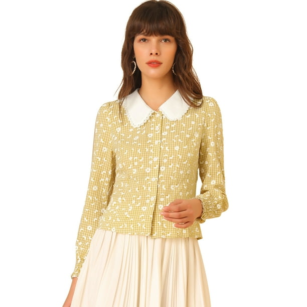 Allegra K Blusa con estampado de margaritas a cuadros para mujer, blusa con cuello peter pan en contraste frontal con botones Amarillo XS