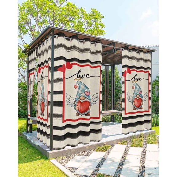 Valentine's Day Outdoor Curtains for Patio, Love Gnomes Rustic Black Stripes Beige Privacy Drapes Grommet Waterproof Outside Curtains for Porch/Cabana/Balcony 54"x 95", 2 Panel