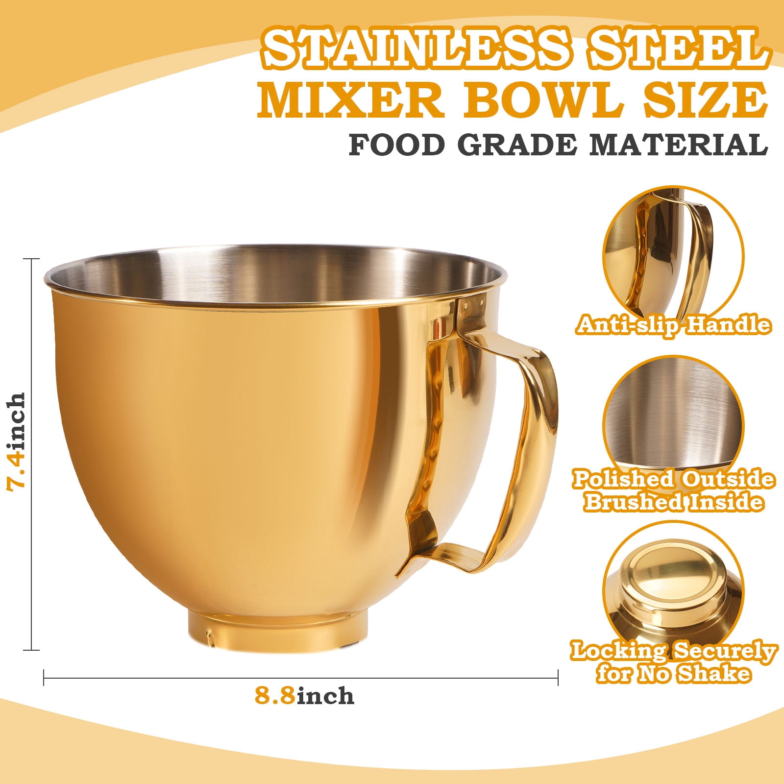 Uscover 5 Quart Metallic Finish 304 Stainless Steel Bowl for KitchenAid 4.5/5QT Tilt-Head Stand Mixer, Dishwasher Safe(Gold Color)