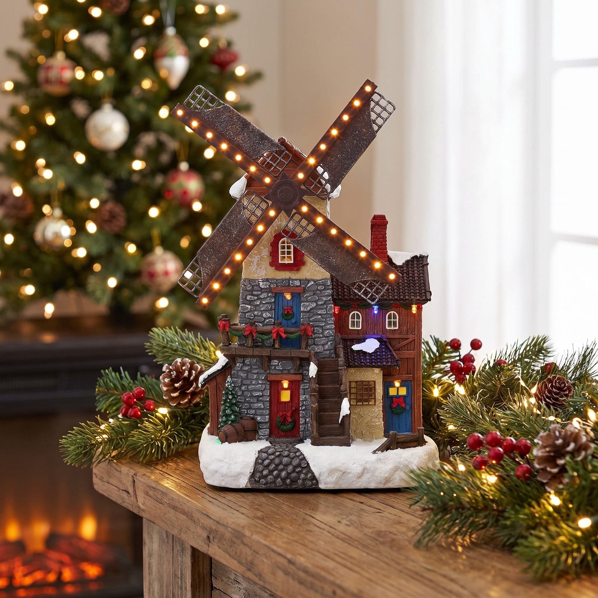 Light-Up and Musical Windmill Christmas Village Decoration, Multicolor, 12.37", by Holiday Time