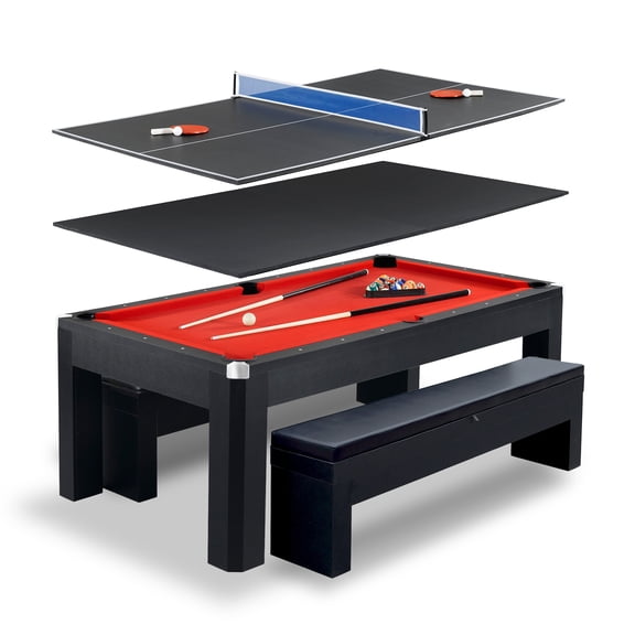 Hathaway Park Avenue 7-Foot Pool Table Tennis Combination with Dining Top, Two Storage Benches, Free Accessories