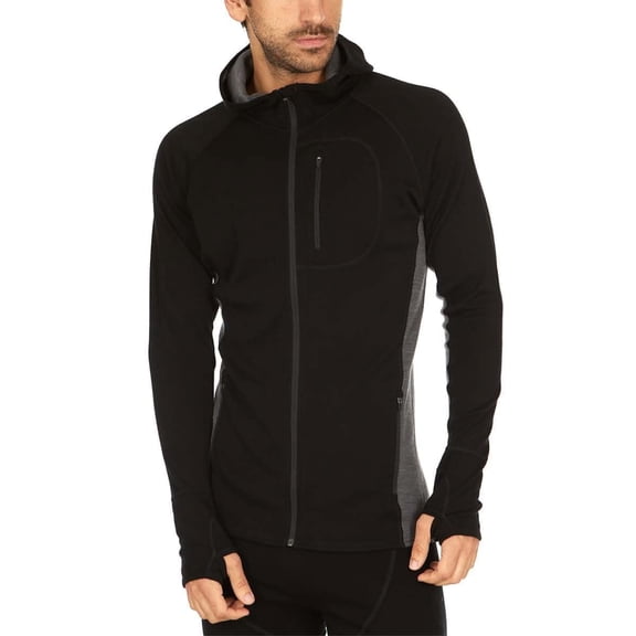 Men's Merino Wool Midweight Full Zip Hoddie - Black / Charcoal Gray - Small